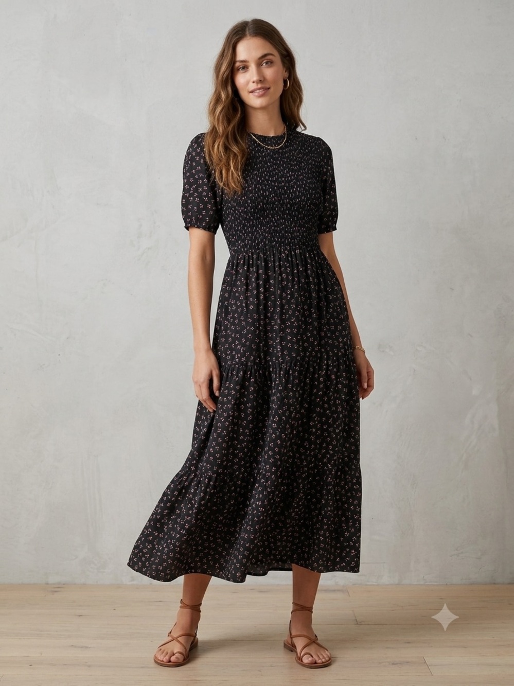 SHEIN Black Floral Smocked Maxi Dress, Women’s Size Small, Tiered Ruffle skirt